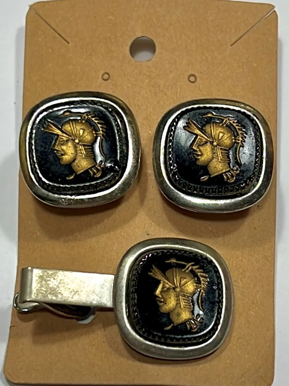 Vintage Tie Clip and Cufflinks Trojan Warrior Intaglio Black Gold .75